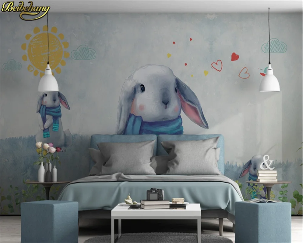 beibehang Custom 3d wallpaper mural Nordic modern minimalist hand-painted cute rabbit children's room background wall paper