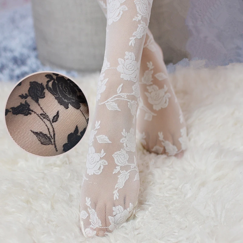 LYNETTE'S CHINOISERIE Spring Autumn Women Vintage Sexy Lace Japanese Style Mori Girl Rose Jacquard White 20D Leggings Pantyhose