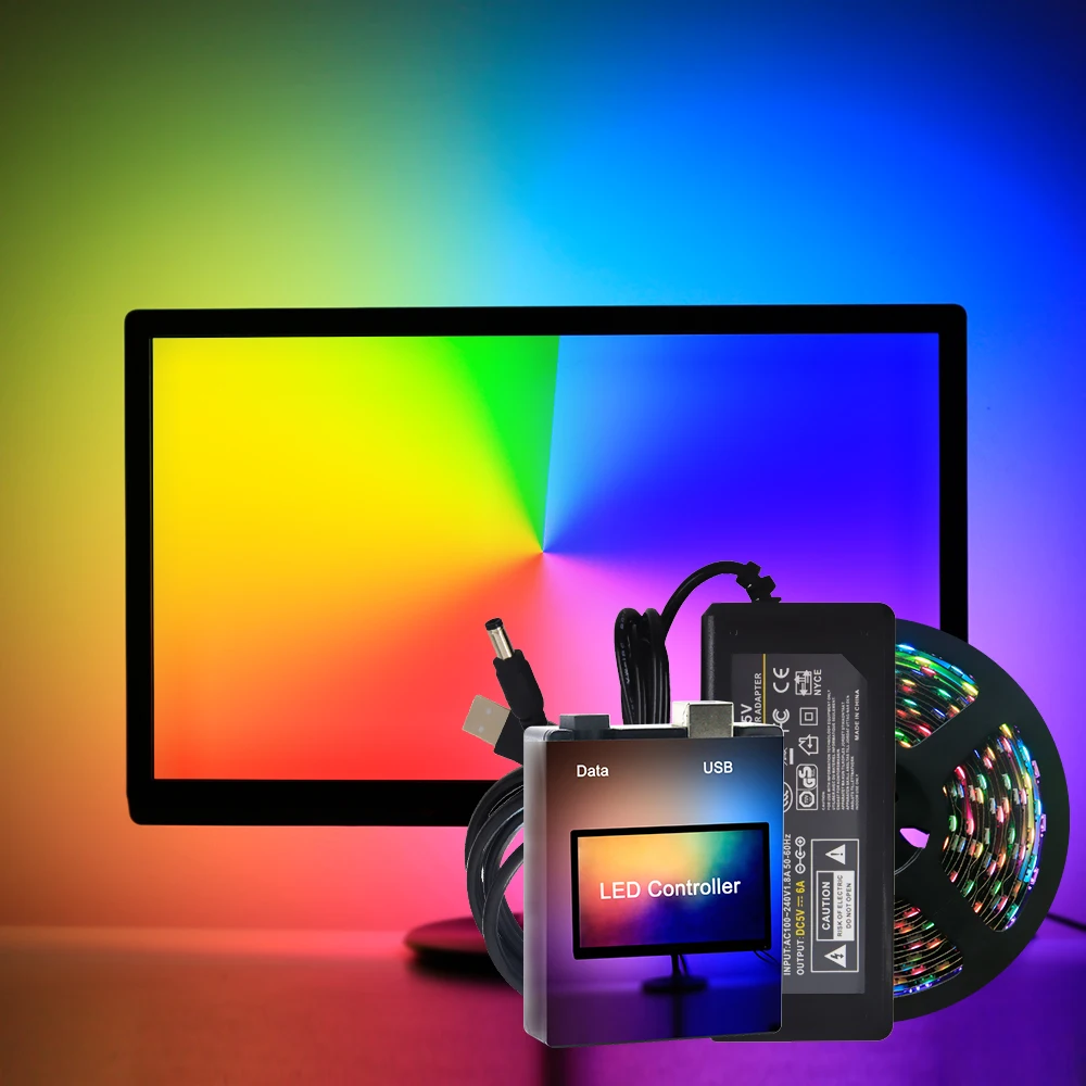 RGB LEDストリップライト,コンピューターモニター,バックライトライト,エンビアンビエントテープ,完全なセット,デスクトップ,pc,スクリーン,ws2812,1-5m