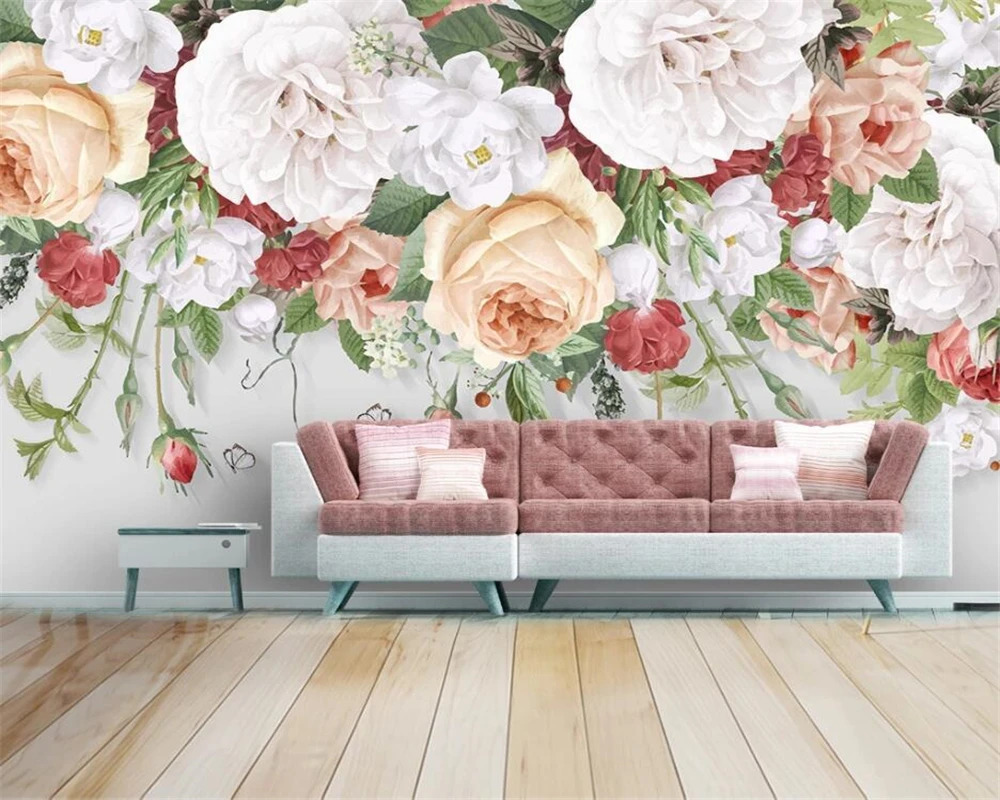 

Custom size wallpaper modern minimalist Nordic watercolor style rose flower TV living room background wall murals 3d wallpaper