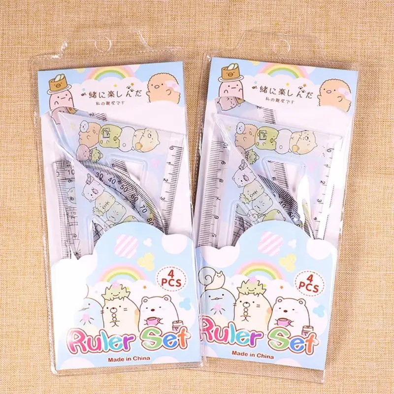 4pcs/set Kawaii Cartoon Straight Triangle Ruler Protractor Drafting Drawing School Office Supplies