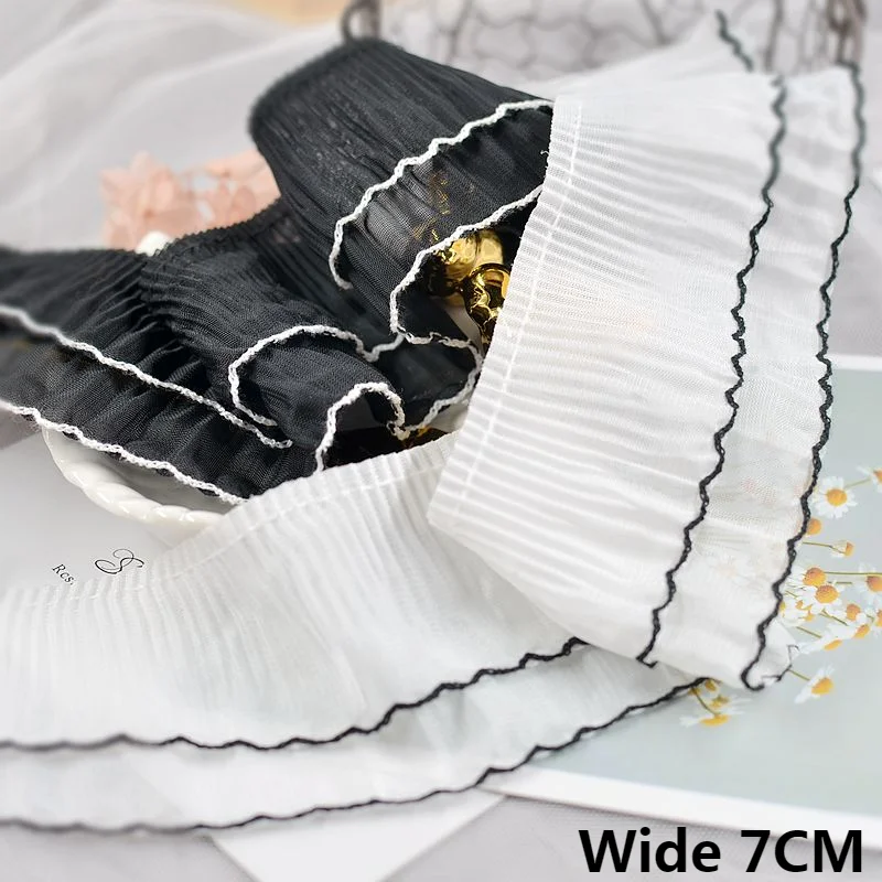 7CM Wide White Black Double Layers Pleated Chiffon Fabric Lace Collar Cuffs Edge Elastic Ruffle Trim Dress Apparel Sewing Decor