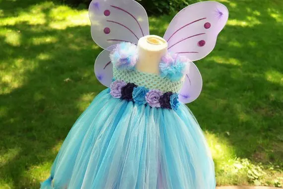 Girls Aqua Butterfly Fairy Flower Tutu Dress Kids Tulle Dress Ball Gown with Wing Children Christmas Party Cosplay Costume Dress