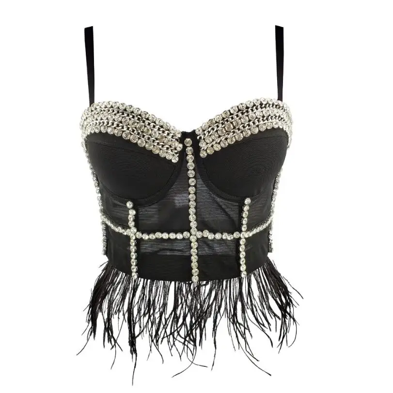 

Ballroom Costume Stage Party Bar 2020 Crystal Water Drill Chain Nail Bead Feather Tassel Bustier Crop Top Corset Bralette p1385