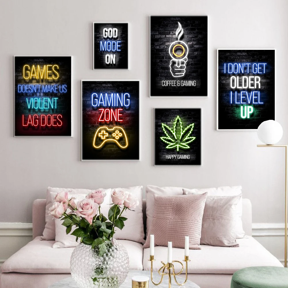 Game Poster Printing Neon Light Gamepad Illustration Game Quote Wall Art Picture Joystick Canvas Painting Boy Room Decoration