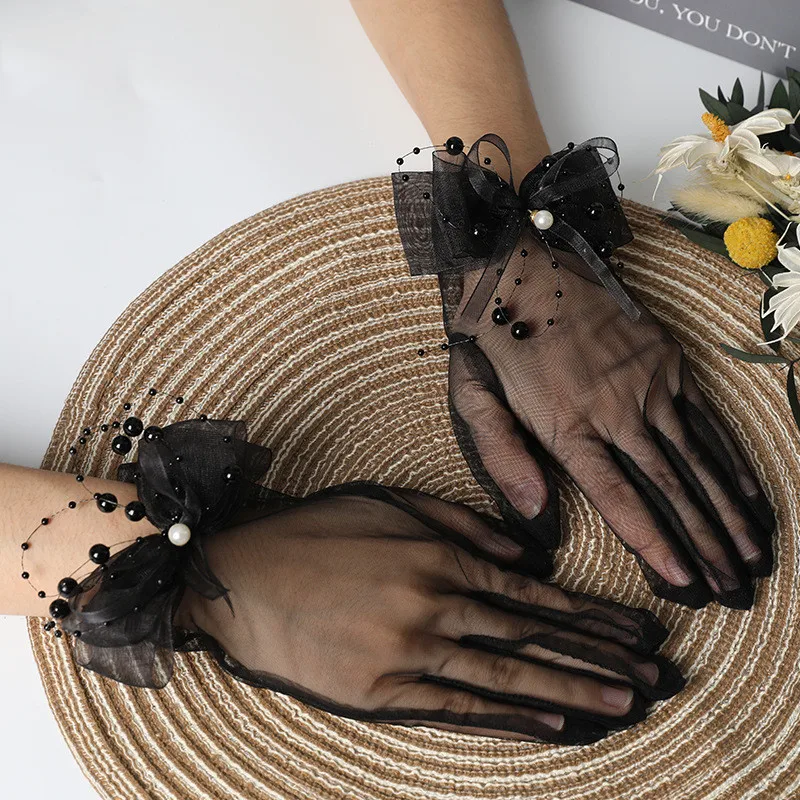 

Women's Elegant Pearl Beaded Bow White Mesh Glove Female Spring Summer Vintage Sunscreen Driving Glove R110