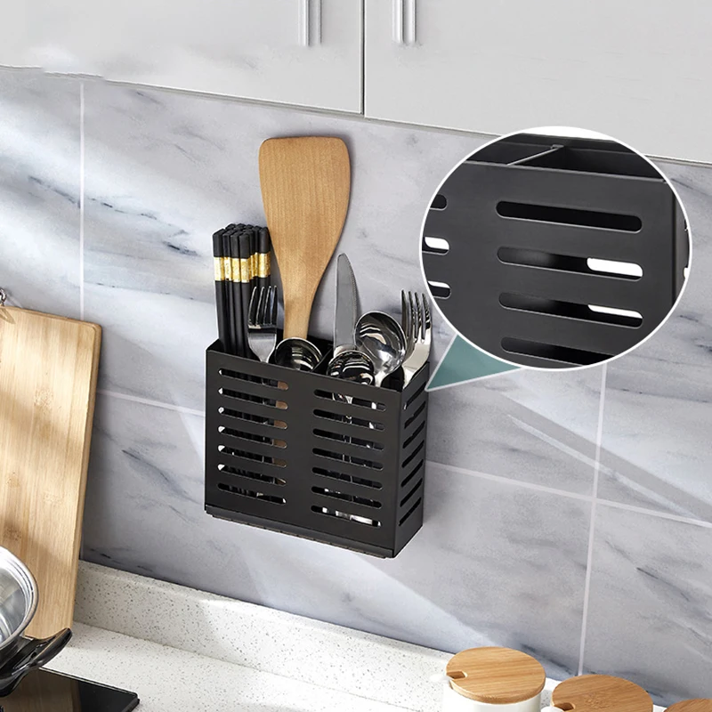 KUNBEI Wall-Mounted Stainless Steel Kitchen Storage Rack Double Compartment Storage Container Chopsticks Knife Fork Organizer