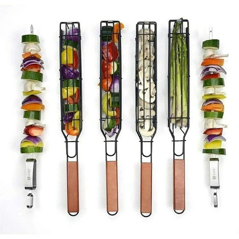 Portable Kabob BBQ Grilling Basket Iron Metal Nonstick Party Barbecue Grill Basket Tools Mesh Skewers Tools Kitchen Accessories