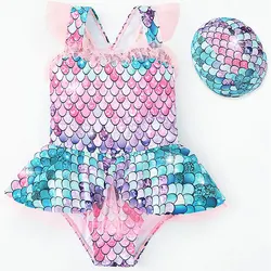 Mermaid Little Princess Swimsuit Baby Girls Swimwear One Piece Girls With Hat Children Swimwear Kids Beach Wear Bathing Suit