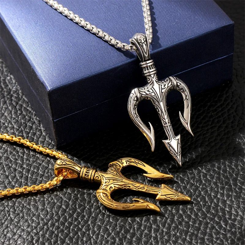 Vintage Neptune Poseidon Trident Pendant Necklace Ancient Greece Amulet Necklace Men Jewelry Gift for Sailor Unisex Jewelry