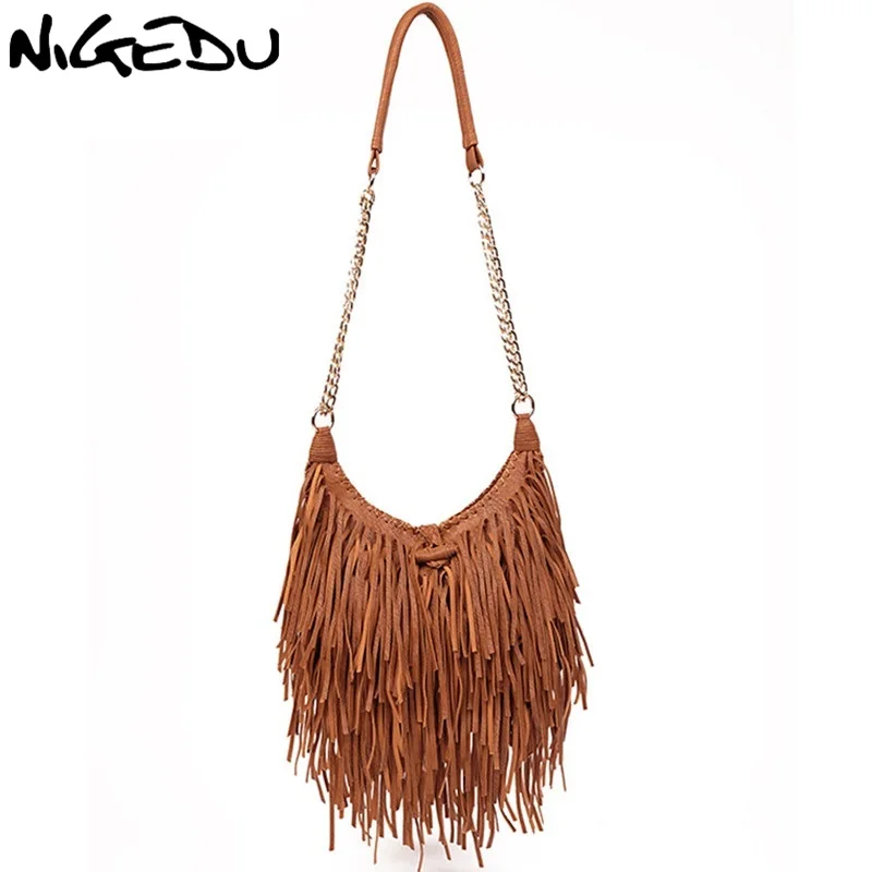 NIGEDU brand design Vintage women long Tassel bag Chain Crossbody Bags for Women Shoulder messenger bag Quality PU Handbags