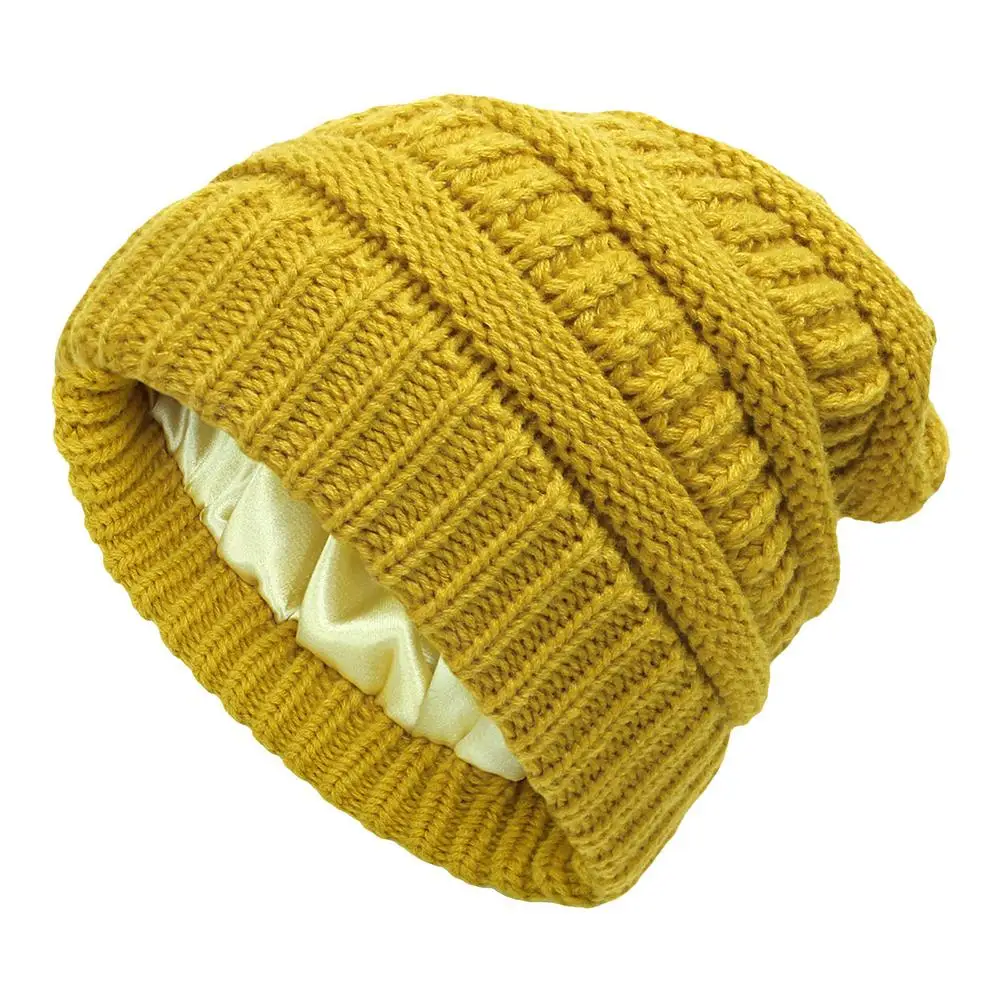 

New Autumn And Winter Hat Ladies Fashion Protective Hairstyle Warm Wool Knitted Satin Hat Solid Color Hat