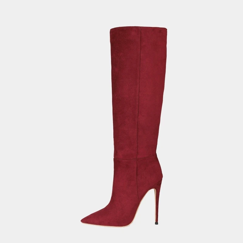 

Botas winter Fashion Runway Trendy Women Shoes Elegant burgundy suede pointed toe stilettos heels knee High Boots 44 45 47