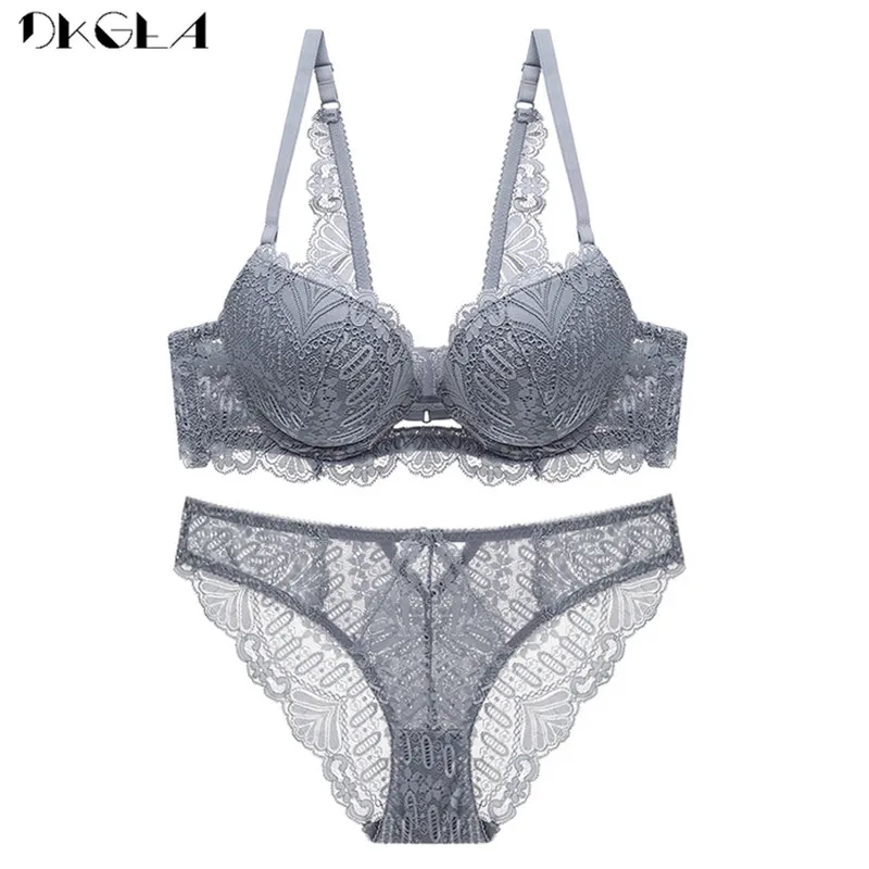 Top Sexy Bra Panties Set Embroidery Lingerie Thick Gray Lace Underwear Sets Cotton Bras Push Up Black Women Brassiere Deep V