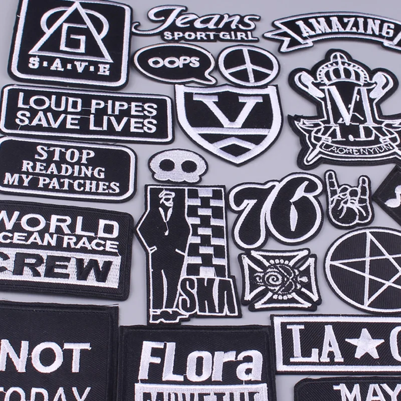 Embroidery Patch Letter Stickers Iron On Patches For Clothes Skull Patch On Clothes Punk Rock Stripes DIY Black And White Badges