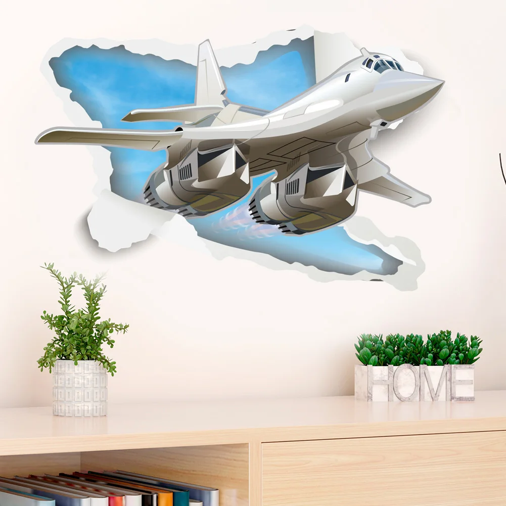 6 styles 3D broken wall airplane creative home wall stickers chariot decoration stickers for kids bedroom