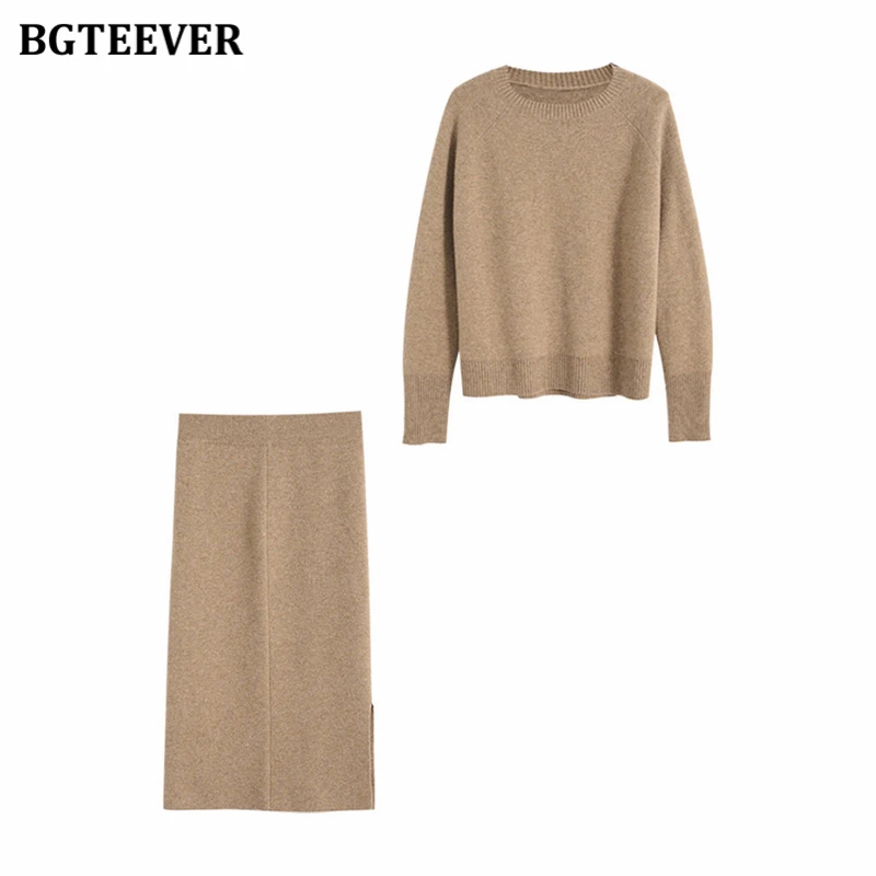 BGTEEVER Elegant Ladies Knitted Skirt Set Long Sleeve Sweaters Tops & Elastic Waist Split Skirts 2021 Winter Women 2 Pieces Set