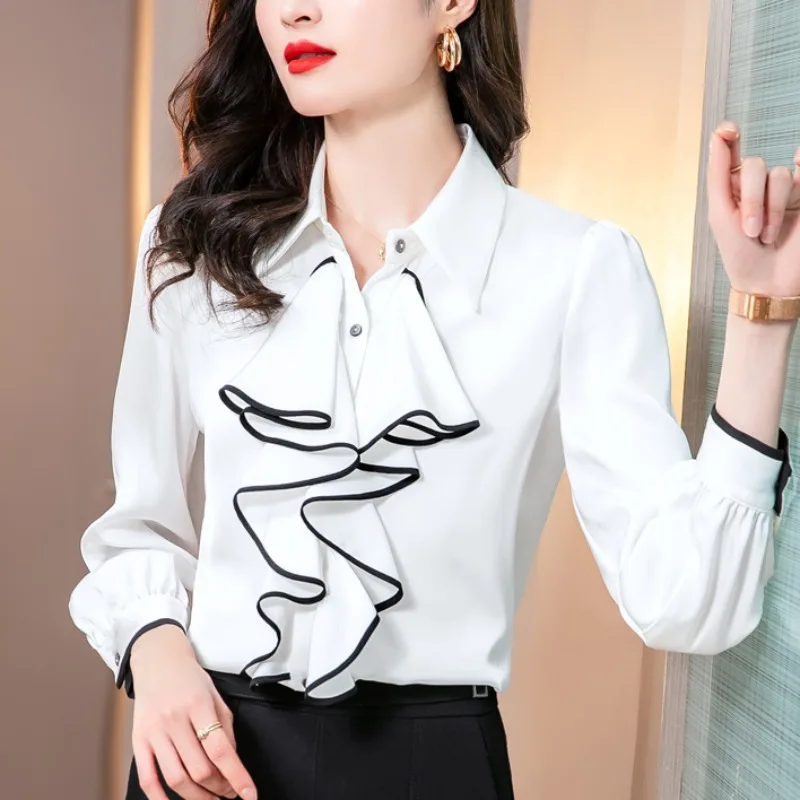 Women Elegant TuxedoTops Flounce Frill Blouses Satin Silk Long Sleeve Formal Business Office Lady Work Wear Shirts Female Blusas