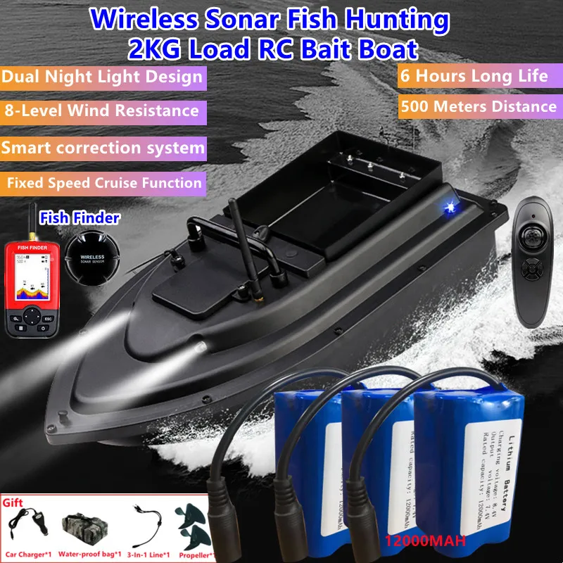 Wireless Sonar Fish Hunting RC Bait Boat 6Hour Intelligent Correction  8-Level Wind Resistance Double Night Light RC Nest Boat