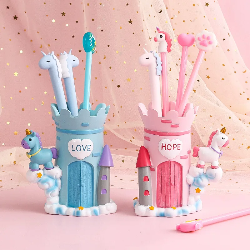 2021 New Unicorn Castle Storage Box Pen Holder Girl Heart Cartoon Storage Box Cute Student Stationery Office Supplies