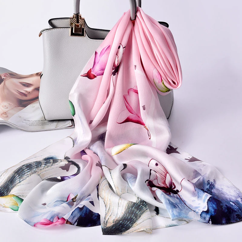 Bufanda larga de seda 100% auténtica para mujer, pañuelo de lujo con estampado de flores, bandana de seda china, chales de seda Natural, Foulard