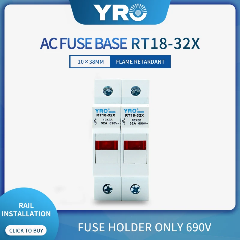 AC 1PC 2P Fuse Base 690V 32A With LED light Matching Fuse 10x38MM R015 only Fuse Base RT18-32X