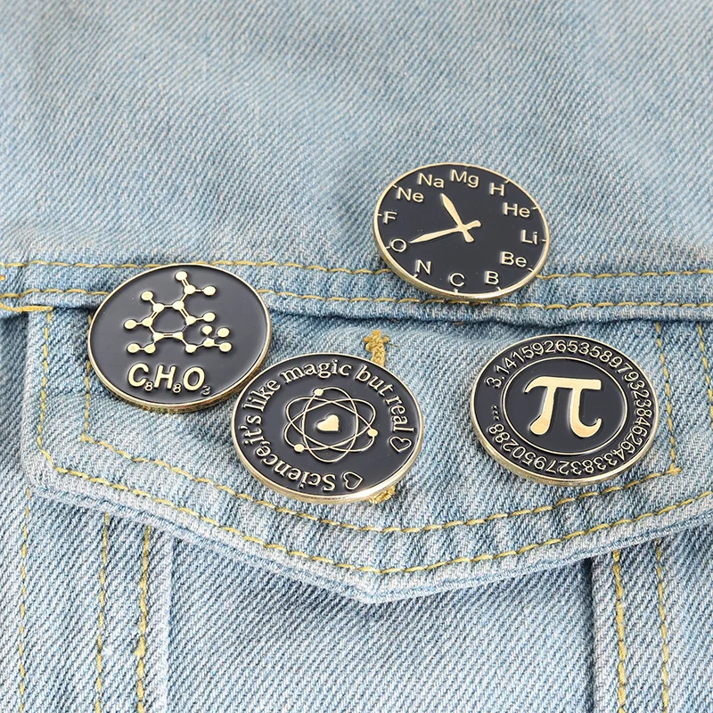 Black Round Coin Letter Symbol Brooch π Clock Chemistry Molecule Atomic Structure Diagram Badge Neutral All-Match Alloy Brooch