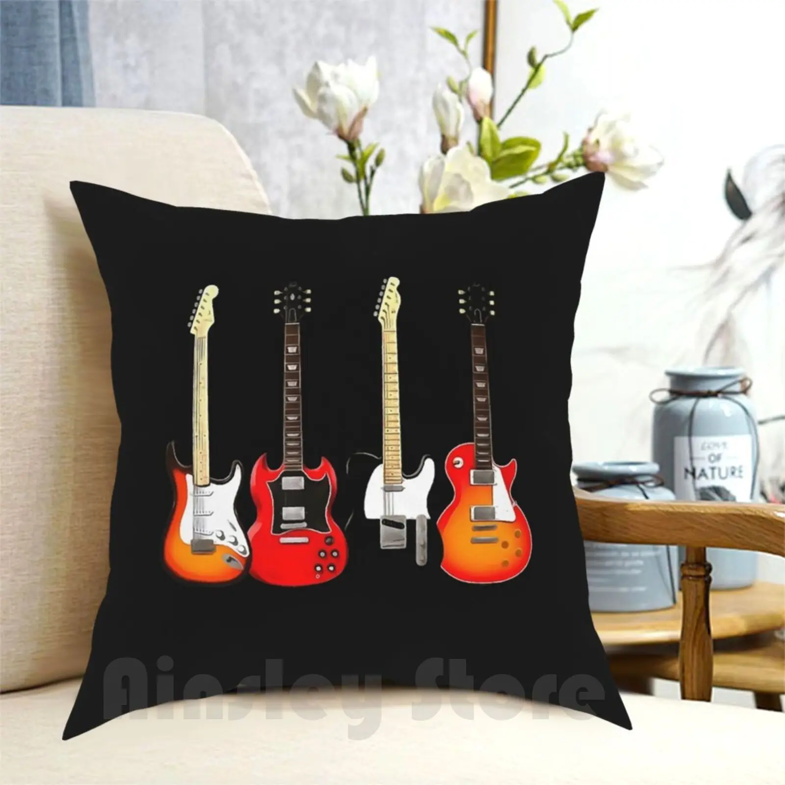 Guitar Pillow Case Printed Home Soft DIY Pillow cover Four Guitars Guitar Electric Stratocaster Telecaster Sg Music Musical