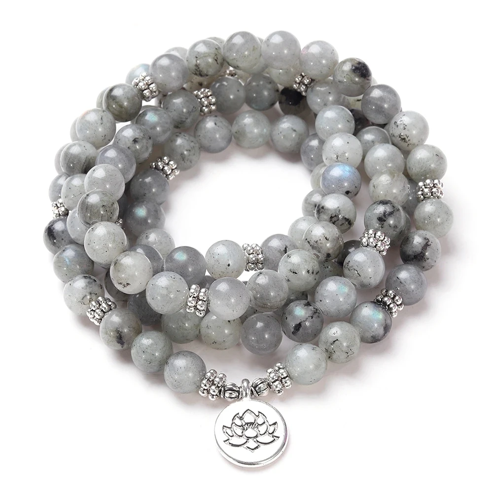 Natural Stone Women Men 108 Mala Labradorite with Lotus OM Buddha Charm Yoga Bracelet or Necklace Handmade Jewelry