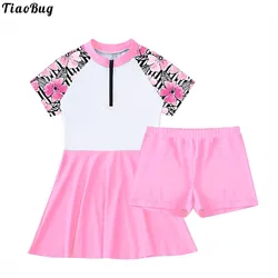 TiaoBug-traje de baño de verano para niñas, traje de baño con cuello levantado, mangas cortas, cremallera frontal, pantalones cortos, Bikini, piscina, playa, 2 uds.