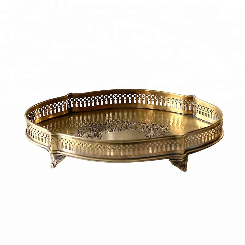 decorative luxury antique gold hand-made brass tray with engravingcraft for indian wedding home hoteldecorationpieces