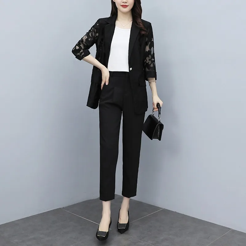 여성 레이스 블레이저 2022 봄 여름 솔리드 컬러 슬림 자켓 Office Lady Outwear Clothing Tops