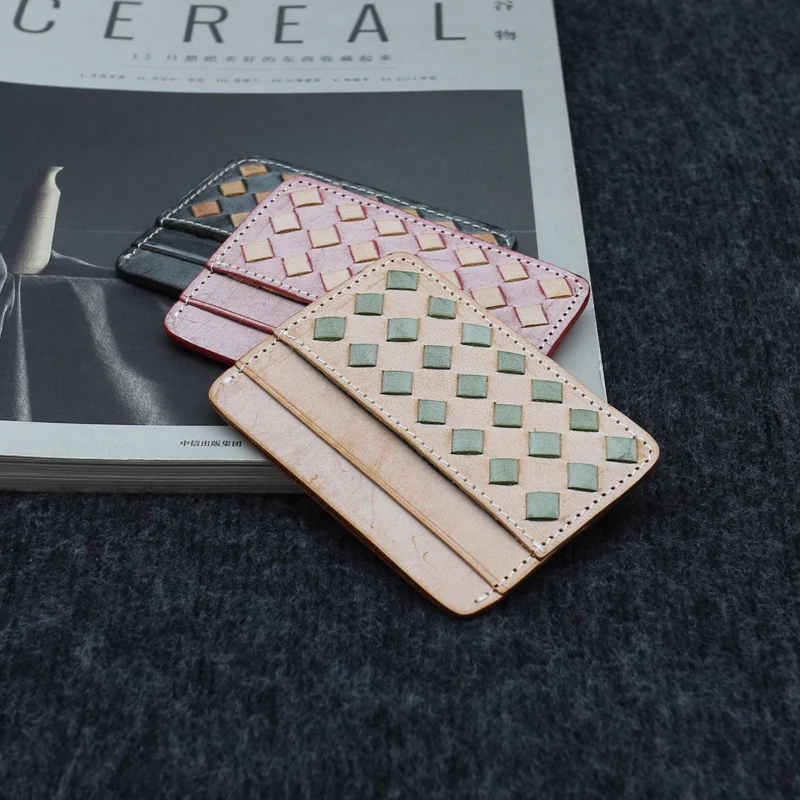 Slim Credit Card Bag Vegetable Tanned Leather Luxury Handmade Knitting Vintage Fog Wax Cowhide Mini ID Bus Card Purses