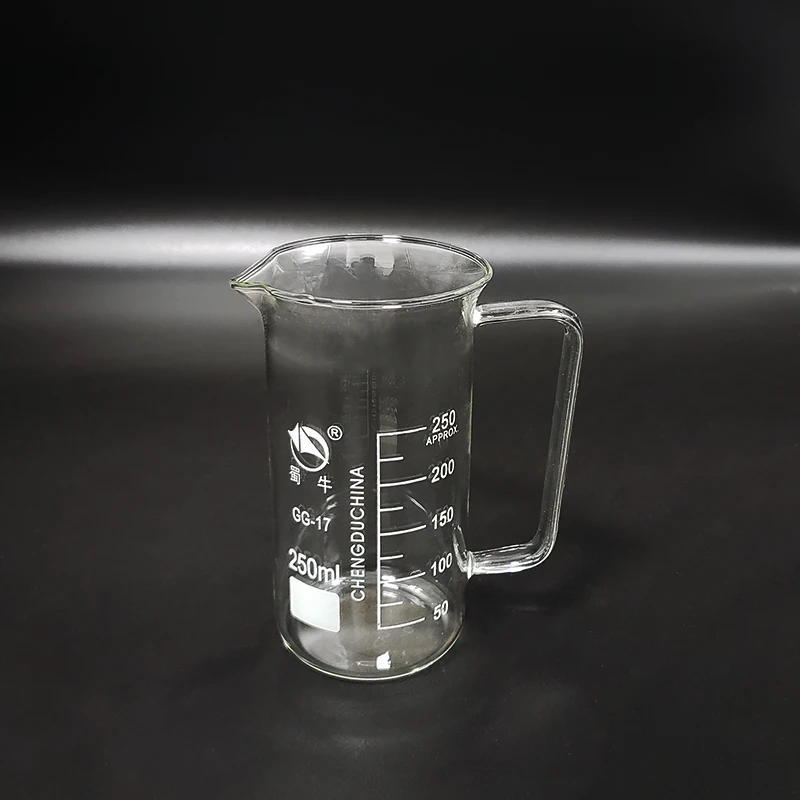 

With handle Beaker in tall form,Capacity 250ml,Outer diameter=63mm,Height=126mm,Laboratory beaker