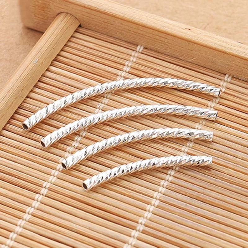 2pcs Genuine Real Pure Solid 925 Sterling Silver Connector Engraved Curved Tube Silver Long Beads DIY Jewelry Making Findings