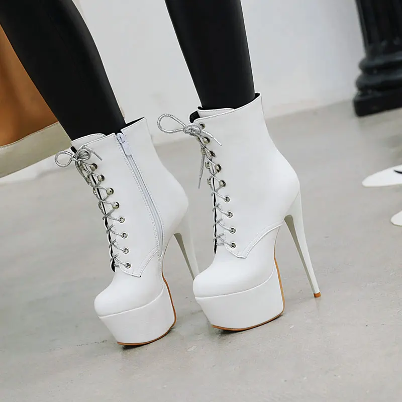 Lasyarrow 16cm heel extreme high heel patent ankle boots lace up sexy fetish pole dance platform boots ladies party shoes woman