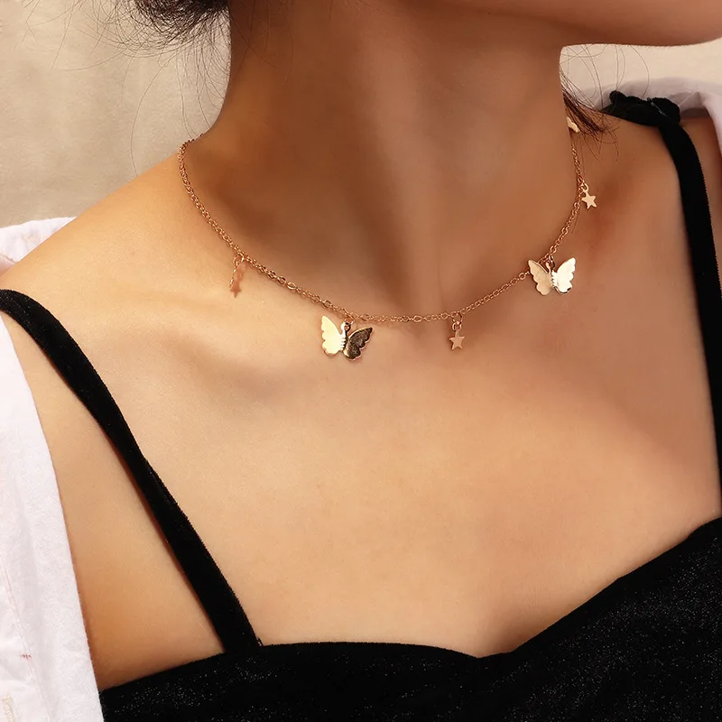 

Korean Butterfly Necklace for Women Choker Jewelry Gold Color Chain Pendant Lady Girls Fashion Gift Summer Accessories Collar