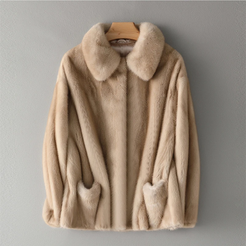 Mink Fur Women Short Coat with Collar and Pocket Winter Thick Warm Mink Fur Jacket