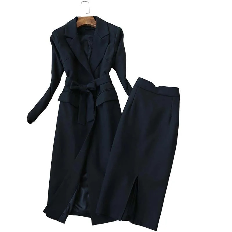 Women Fashion Long Blazer Jacket High Waist Wrap Skirt Two Piece Set Office Ladies Slim Fit Belted Suit Elegant Matching Sets