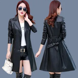 2024 Autumn New Women Long Leather Jacket Slim With Belt Motorcycle PU Leather Long Jacket Coat Leather Trench 349