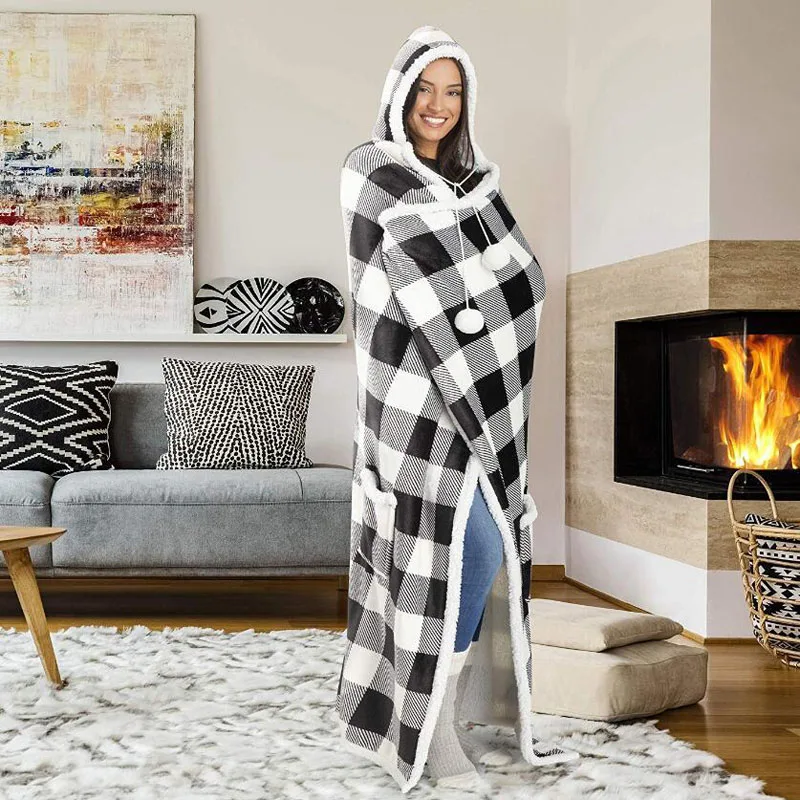 Winter Sherpa Blanket Without Sleeves Plush Fleece Hoodies TV Blankets Super Long Flannel Hooded Thick Warm Sofa Blanket WF242