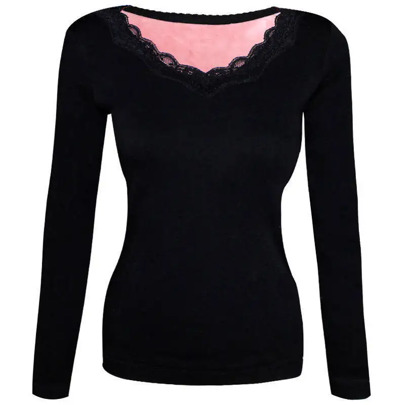 Ladies lace V-neck thermal underwear women thickened plus velvet winter cold-proof body bottoming shirt Long sleeve clothes