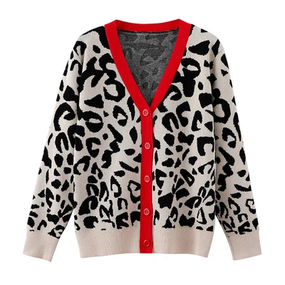 2024 New Autumn And Winter Women\'s Knitted Leopard Print Cardigans Ladies Single-Breasted Sweater Red Jumper Female Clothing