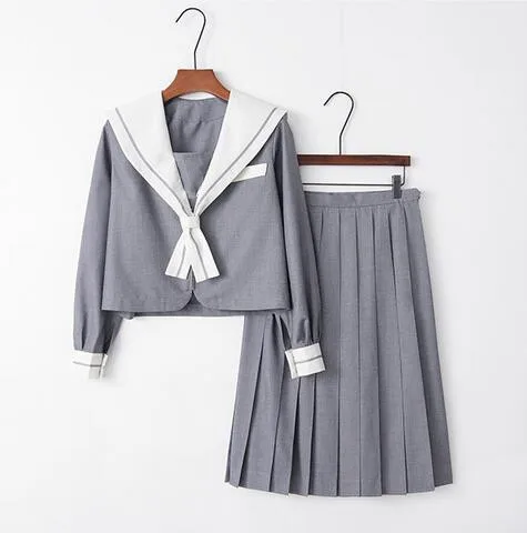 Grey Sailor Suits Janpanese School Uniform Long/Short Pleated Skirt Shirt Sets South Korea Japan Cheerleading Performance