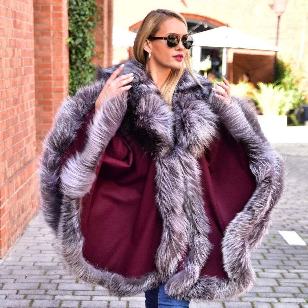 Fashion Women Real Silver Fox Fur Wool Blends Capes Winter Outwear Luxury Trendy Genuine Fox Fur Cashmere Ponchos Outwear