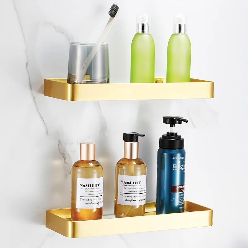 

Bathroom Shelf With Towel Bar Shower Shampoo Soap Cosmetic Shelf Brush Gold Aluminum Bathroom Accessories Storage Organizer Rack