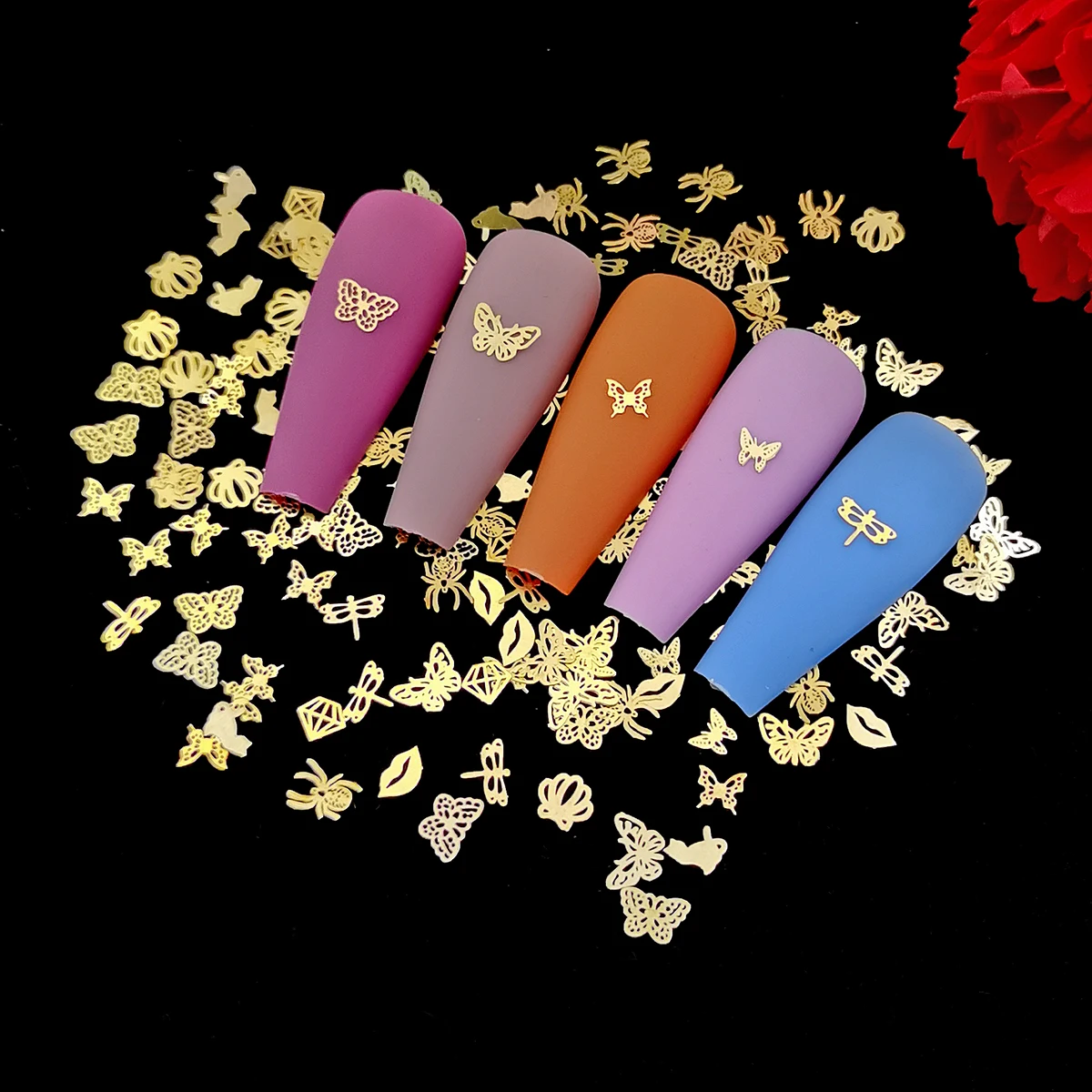 1 Box Gold Heart Metallic Nail Decals Ultra-thin Flakes Butterfly Metal Nail Studs Slices Nail Charms DIY 3D Nail Decorations