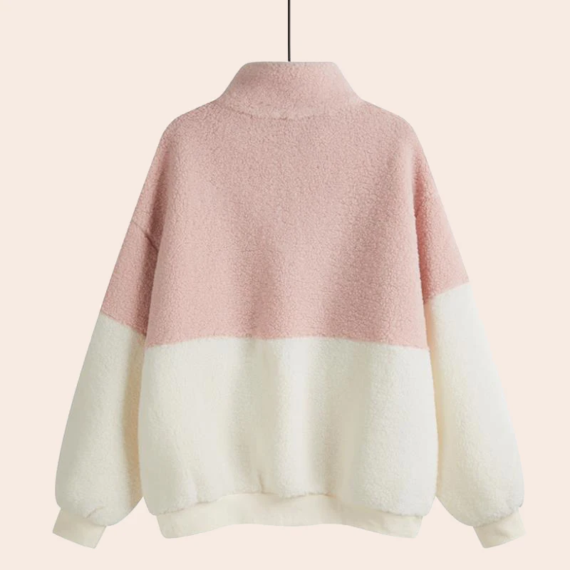 Women Stand Collar Hoodies Popular Soft Lambswool Patchwork Fashion Loose Casual Chic All-match Ulzzang Streetwear Warm Cozy