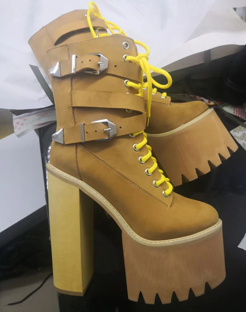 Punk Camel Black Cow Leather Ankle Buckle Belt Boots Wooden Square Heels Round Toe High Platform Woman Lace-Up Motorcycle Boots