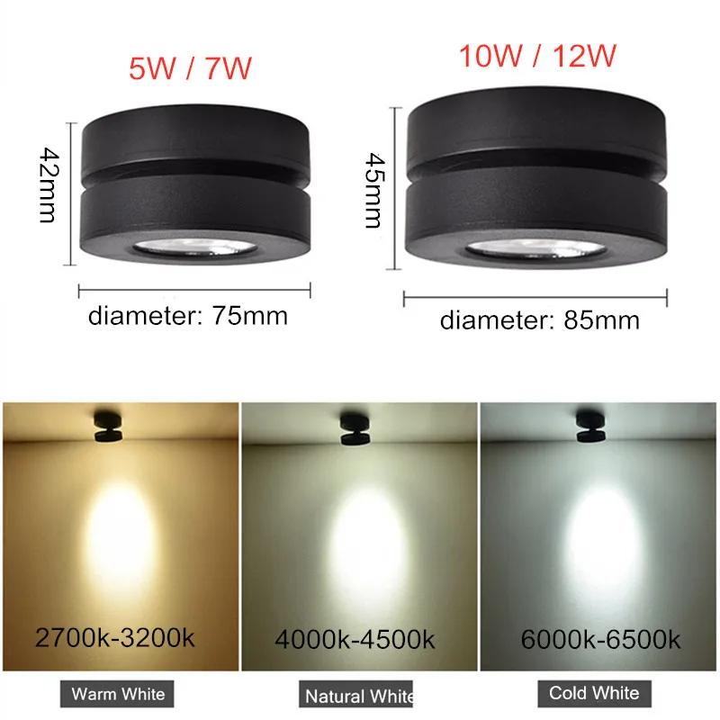 360 Angle Adjustable LED Surface Mounted Downlight Dimmable 5W 7W 10W 12W Ceiling Spot Light 3000K/4000K/6000K AC85-265V+ driver